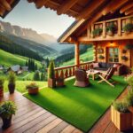 Sztuczna trawa na tarasie i balkonie – czy to dobry pomysł? 1 Sztuczna trawa na balkonie lub tarasie to świetny pomysł, który ma wiele zalet. Nadaje przyjemnej naturalnej atmosfery, bez konieczności specjalnej pielęgnacji. Na grafice wizualizacja sztucznej trawy na tarasie w krajobrazie górskim.