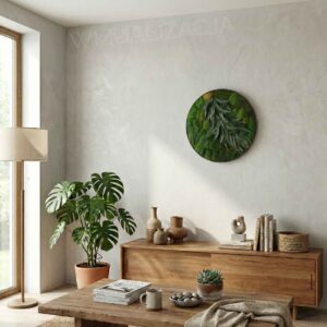 Subtelny okrągły obraz z mchu poduszkowego i roślin.