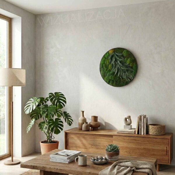 Subtelny okrągły obraz z mchu poduszkowego i roślin.