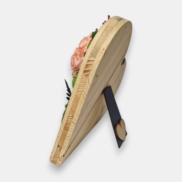 Drewniane serce 2w1 z mchem mieszanym i wiecznymi różami brzoskwiniowymi