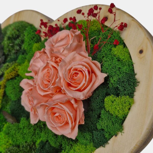 Drewniane serce 2w1 z mchem mieszanym i wiecznymi różami brzoskwiniowymi