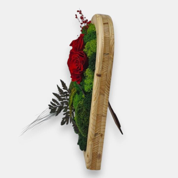 Drewniane serce 2w1 z mchem mieszanym i wiecznymi różami czerwonymi