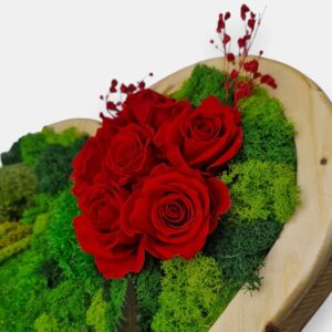 Drewniane serce 2w1 z mchem mieszanym i wiecznymi różami czerwonymi