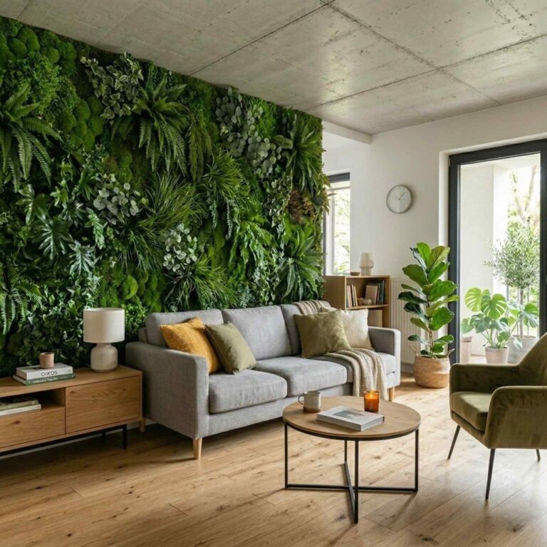 Zielona ściana w domu. Wizualizacja zielonej ściany w luksusowym pomieszczeniu